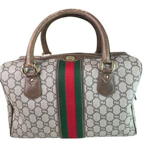 Gucci Beige GG plus Supreme Canvas Boston Bag with Green-Red Stripe